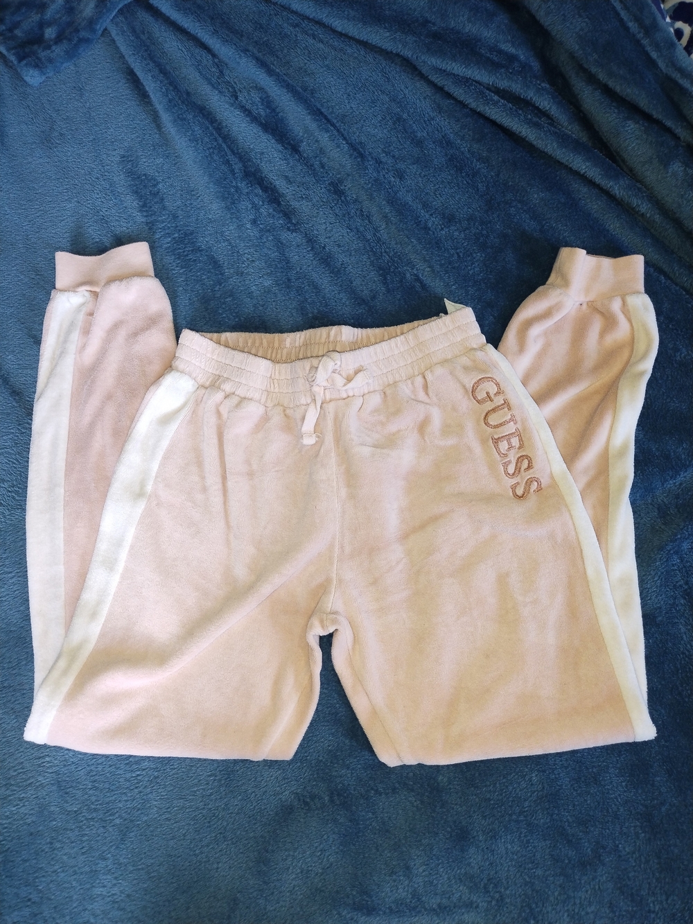 GUESS Kids Light Pink Velour Joggers with White Side Stripe